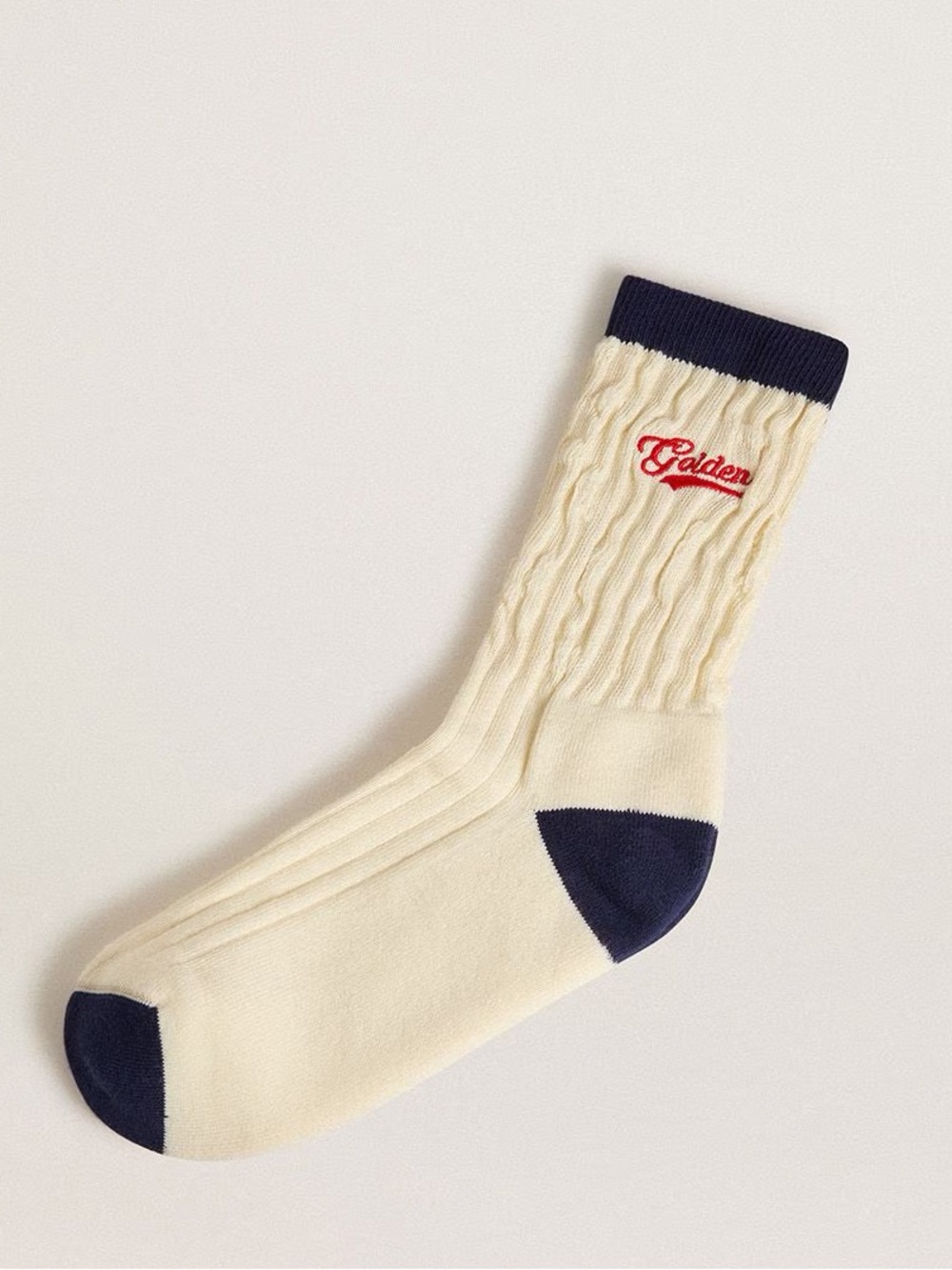 Golden Goose unisex Cream ribbed socks with navy blue details and red logo